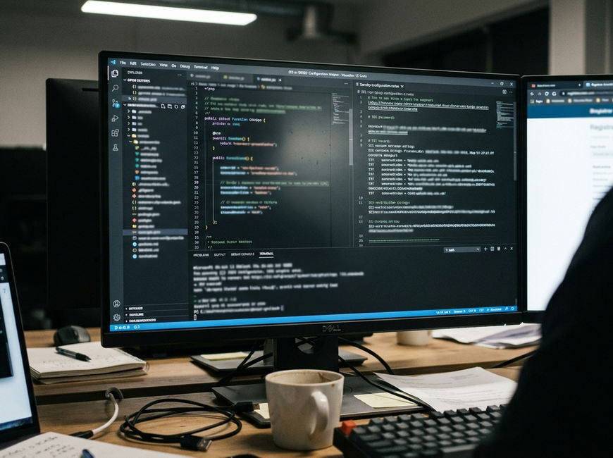 IDE or code editor with syntax highlighting, screen glare across a dark theme, showing Sendy/Amazon